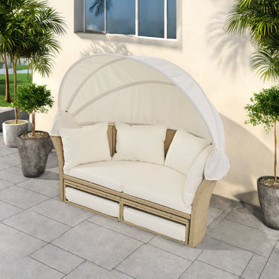 Outdoor Convertible Patio Wicker Rattan Daybed With Retractable Canopy, 4 Pillows