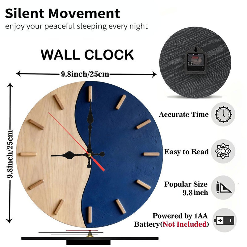 Horloge murale ronde en bois 10 po, mouvement à quartz silencieux, imprimé UV, à piles, Bleu très foncé