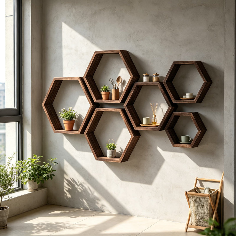Ensemble de 6 tablettes flottantes hexagonales Farmhouse Honeycomb, 15.4" H x 13.4" W x 3.1" D