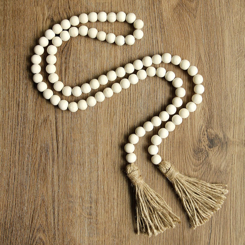 58" Wood Bead Garland With Tassels White