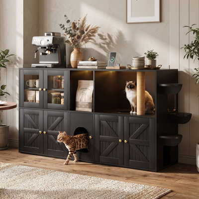 Cat Litter Box Enclosure Furniture with LED Lights, Scratching Post, Cabinets, Charging and Hooks
