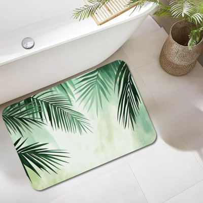 Tapis de salle de bain à motif de feuilles de palmier vertes à motif, pour salle de bain d'invité principal, lavabo de cuisine, antidérapant, ultra-mince, absorbant, séchage rapide, tapis de bain esthétique, envers en caoutchouc, 16 po x 24 po