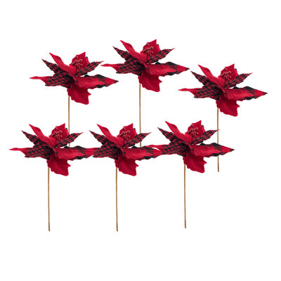 S/6 16" Red Plaid Poinsettia