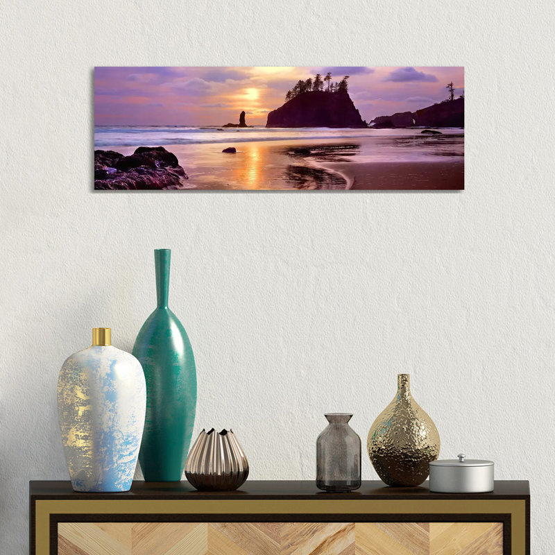Silhouette Of Sea Stacks At Sunset, Second Beach, Olympic National Park, Washington State, USA #2 by Panoramic Images - Wrapped Canvas Panoramic Print