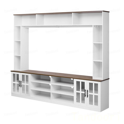Wall Unit Entertainment Center with Bookshelves for TVs up to 80", Modern TV Stand Media Console with Cabinets,  Tempered Glass Doors and Adjustable Shelves