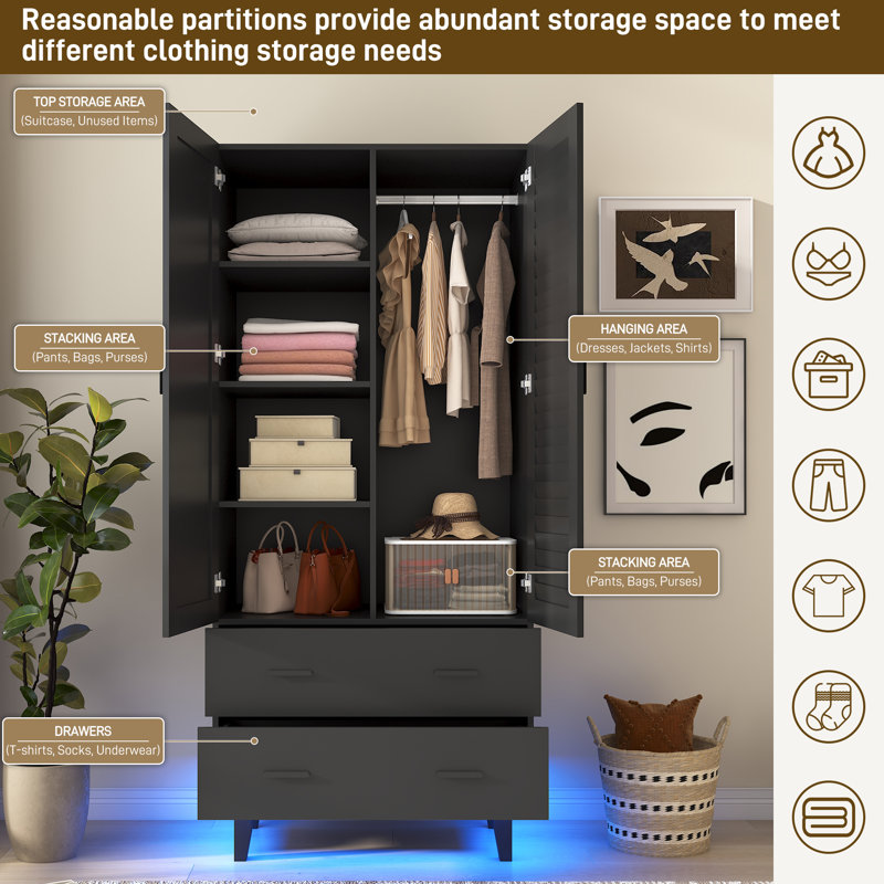 Armoire haute 70 po avec miroir, lumières DEL et tringle, Noir, noir, noir, noir