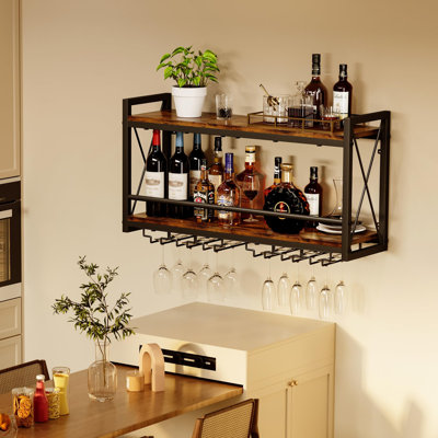 Wall Mounted Wine Rack, Bottle & Glass Holder Wood-Metal Retro Wine Rack, Wine Bottles Display Wall Storage For Kitchen Dining Room Home Bar