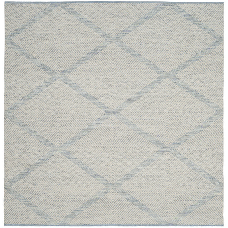 Tapis bleu clair / ivoire en coton tissé à plat à la main Bester, Carré 6 pi
