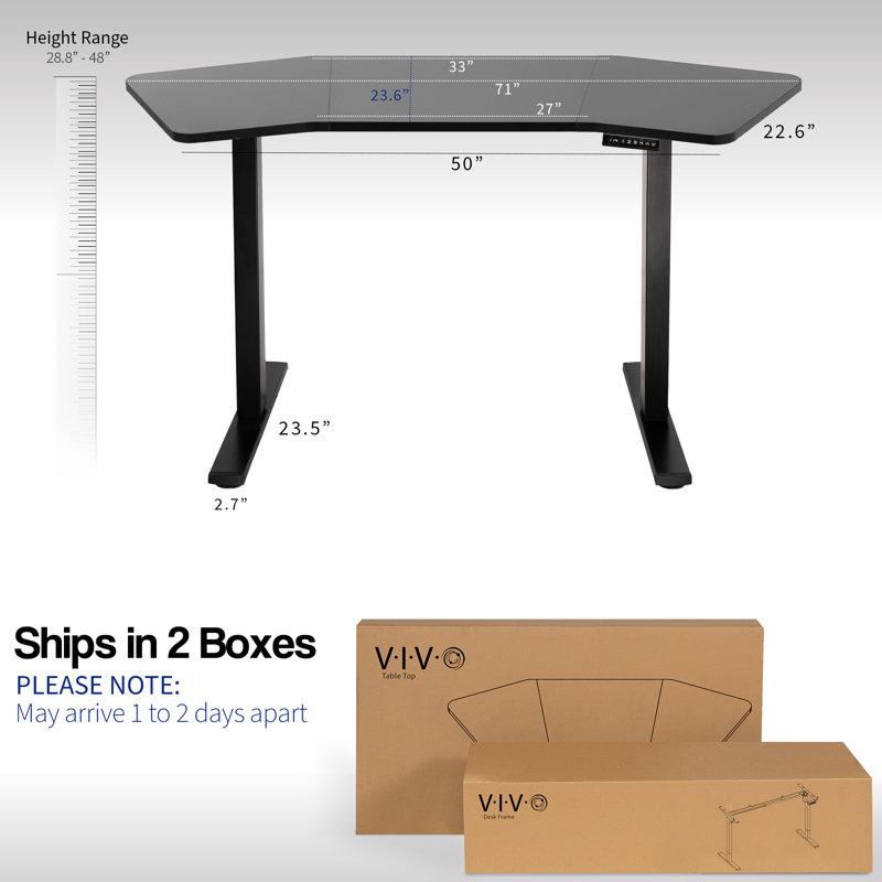 Bureau de coin électrique de 71 po x 24 po VIVO, plateau de table en forme d'aile, Noir / blanc