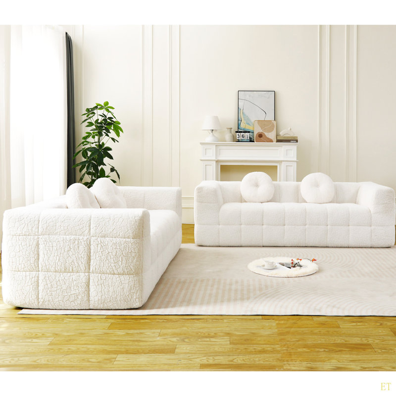 Canapé moderne sans os avec deux coussins décoratifs circulaires, tissu en polyester à poils longs texturé litchi doux pour la peau, canapé en mousse à carreaux