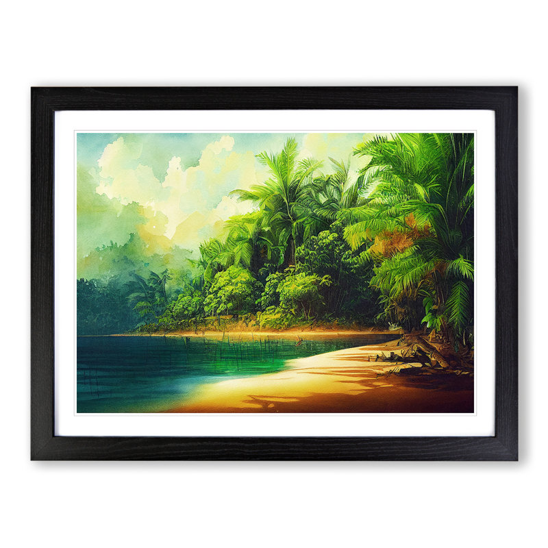 Tropical Forest Beach - Single Picture Frame Print, 46cm H x 64cm W x 2cm D, Black