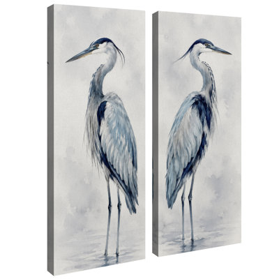 Blue Grey Heron Bird Pair – Set of 2 Framed Wall Art Print on Canvas 32"x12"x2