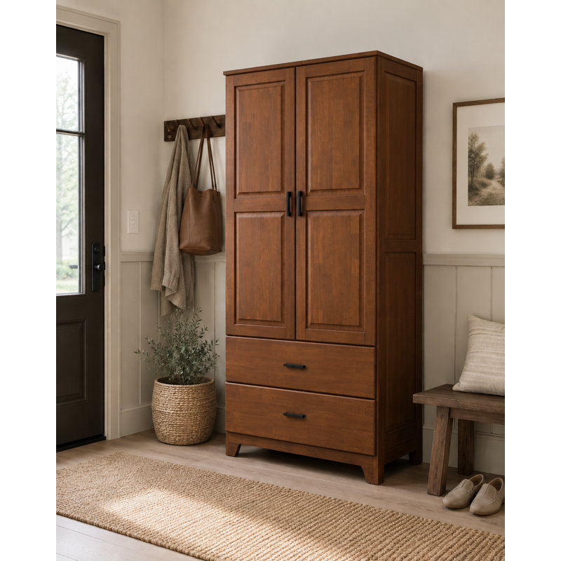Solid Wood Cabinet With 2-drawer In Walnut Wash, Walnut