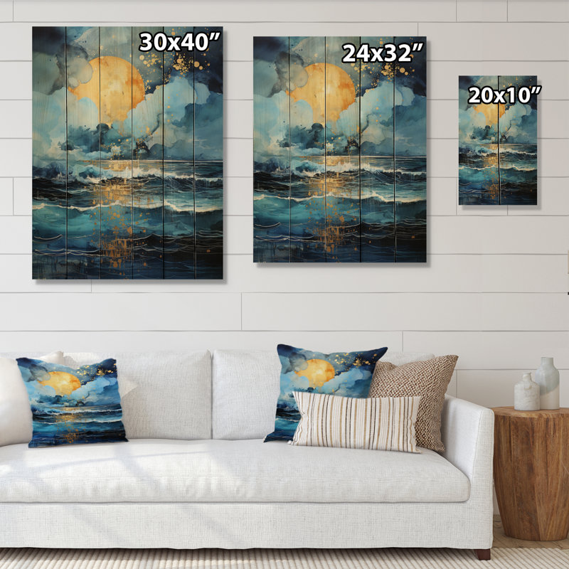 Bleu sarcelle, océan jaune, sérénade pastorale IV - impression sans cadre sur bois, H 20 po x l 10 po x P 0,78 po