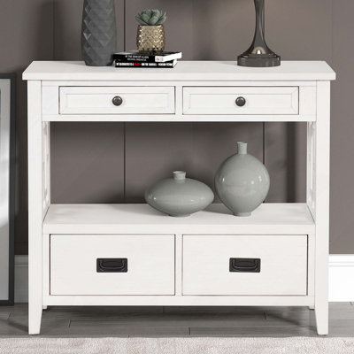 Console en bois de pin avec 4 tiroirs et tablette de rangement Farmhouse