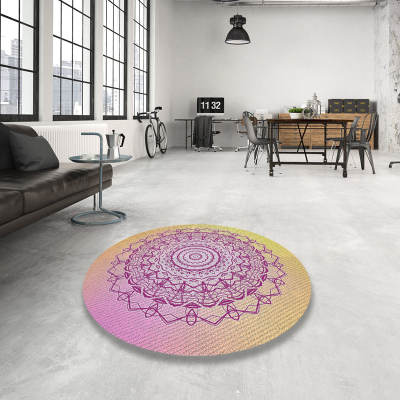 Tapis rose/jaune tissé à la machine, Rond 4 pi