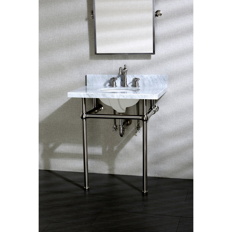 Kingston Brass Templeton 30-Inch Vanity Top with Brass Legs (8-Inch, 3-Hole), Carrara Marble/Brushed Nickel