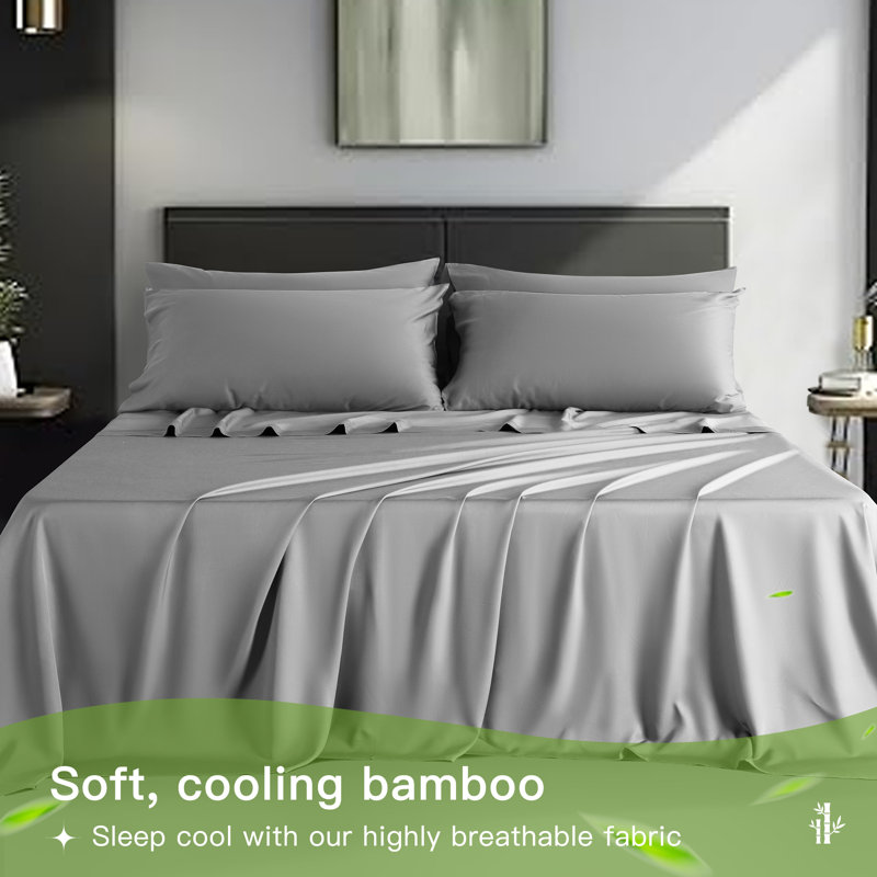 6 Pieces Bamboo Cooling Bed Sheets Set - 16" Deep Pockets, King Sheet Set + 1 Fitted Sheet + 4 Pillowcases, Gray