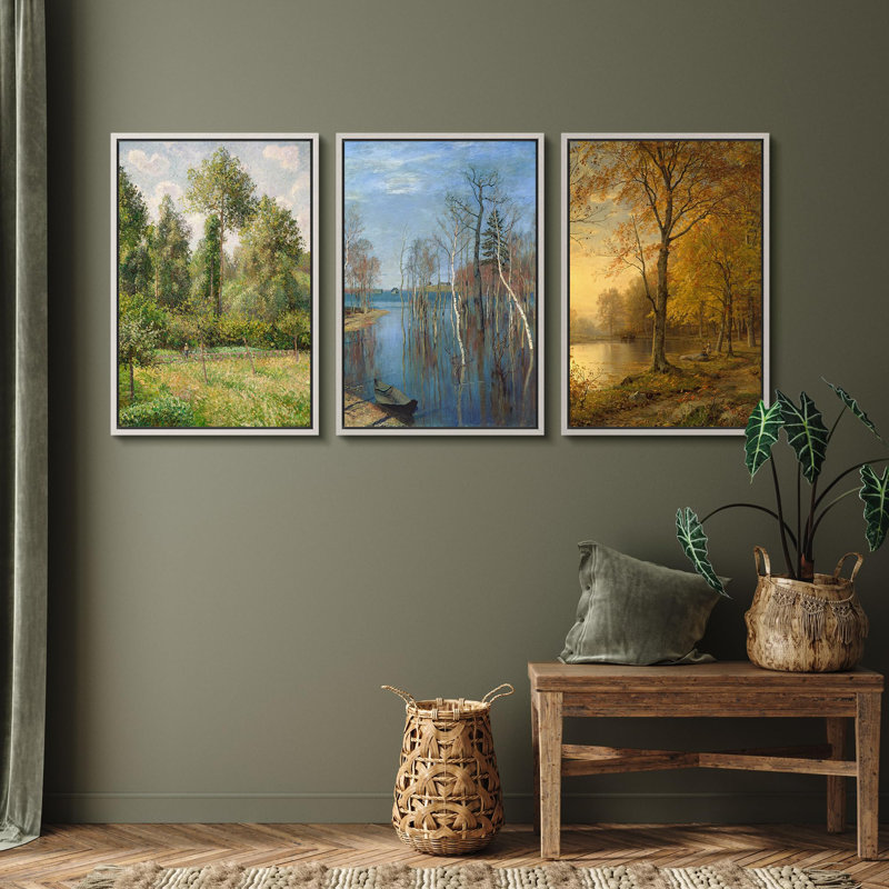 «Seasonal Lakeside Beauty Vibrant Nature Landscape Vintage Classic Rustic Art Decor Relax», 3 pièces, Blanc