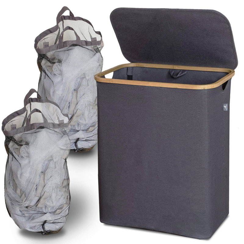 Laundry Hamper with Handles, Black Grey, 67cm H x 57cm W x 38cm D