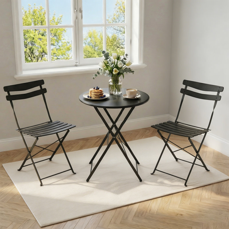 3 Piece Foldable Patio Bistro Set, Outdoor/Indoor Metal Table and Chairs Furniture, Compact Round Table with 2 Folding Chairs for Balcony, Porch, Deck, Garden, Apartment, Small Space, Black