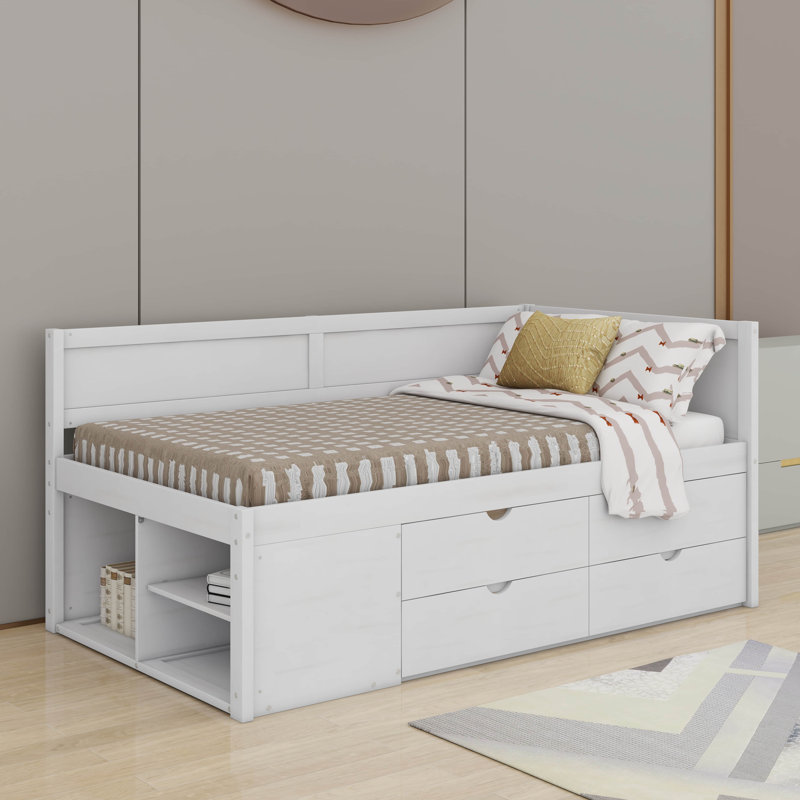 Lit de jour simple avec tiroirs et tablettes, Lit simple, Blanc