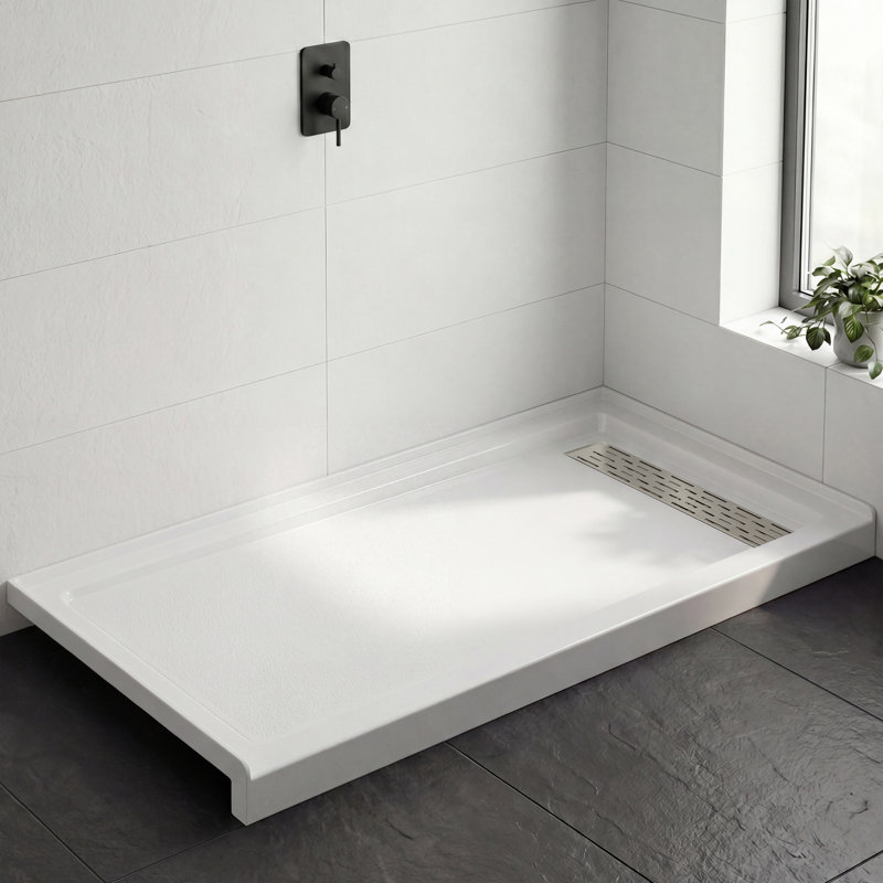 60" x 32" Acrylic Shower Pan Base with Stainless Steel Linear Drain Cover, Brushed Nickel, Right Drain