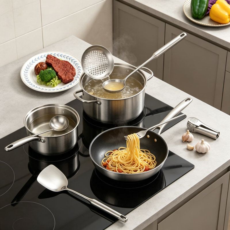 Ensemble d'ustensiles de cuisine 11 pièces en acier inoxydable - Outils de cuisine avec spatule, louche, cuillères, pinces