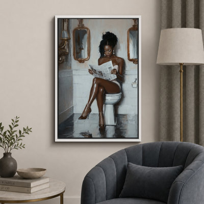 Elegance "Glamorous Woman Reading Newspaper Chic Artwork, Bathroom/Vanity Room/Powder Room Decor Wall Pictures, Large Framed Canvas Digital Giclee Print Wall Art"