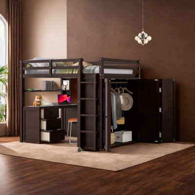 Lit mezzanine double avec tiroirs, bureau et garde-robe