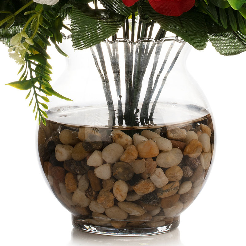 18 têtes de fleurs en soie rose dans un vase en verre avec eau artificielle et pierre de rivière, Rouge / Blanc