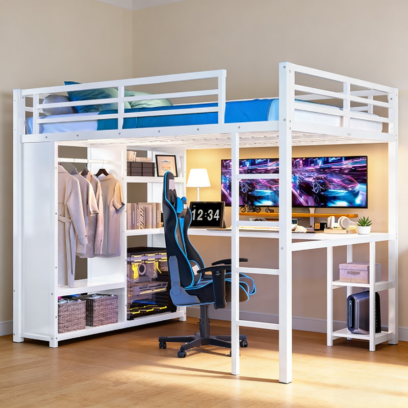 Grand lit mezzanine avec bureau et rangement, lit mezzanine en métal avec garde-robe et tablettes, cadre de lit mezzanine pour adolescents, enfants et adultes, structure stable qui ne grince pas