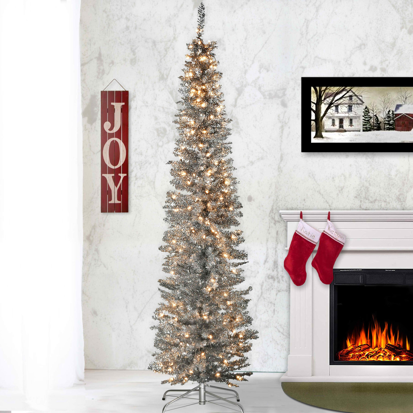Silver Pre-Lit Pine Christmas Tree, 7'