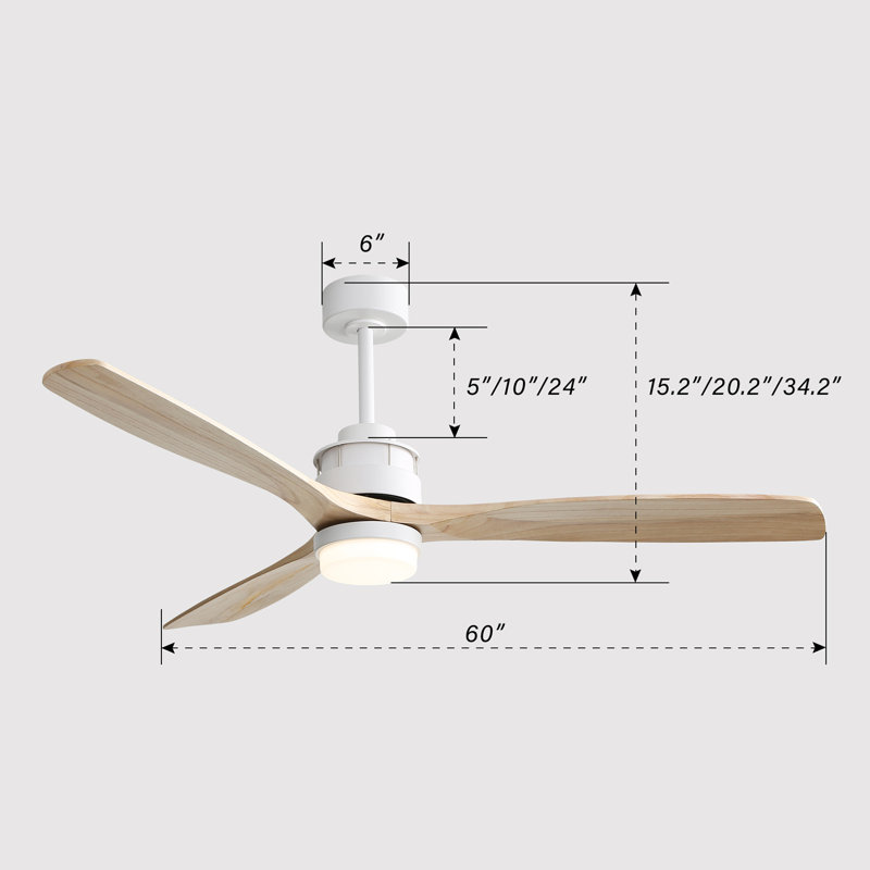Ventilateur de plafond 60 po en noyer, télécommande sans bruit, éclairage 3 couleurs, bois naturel