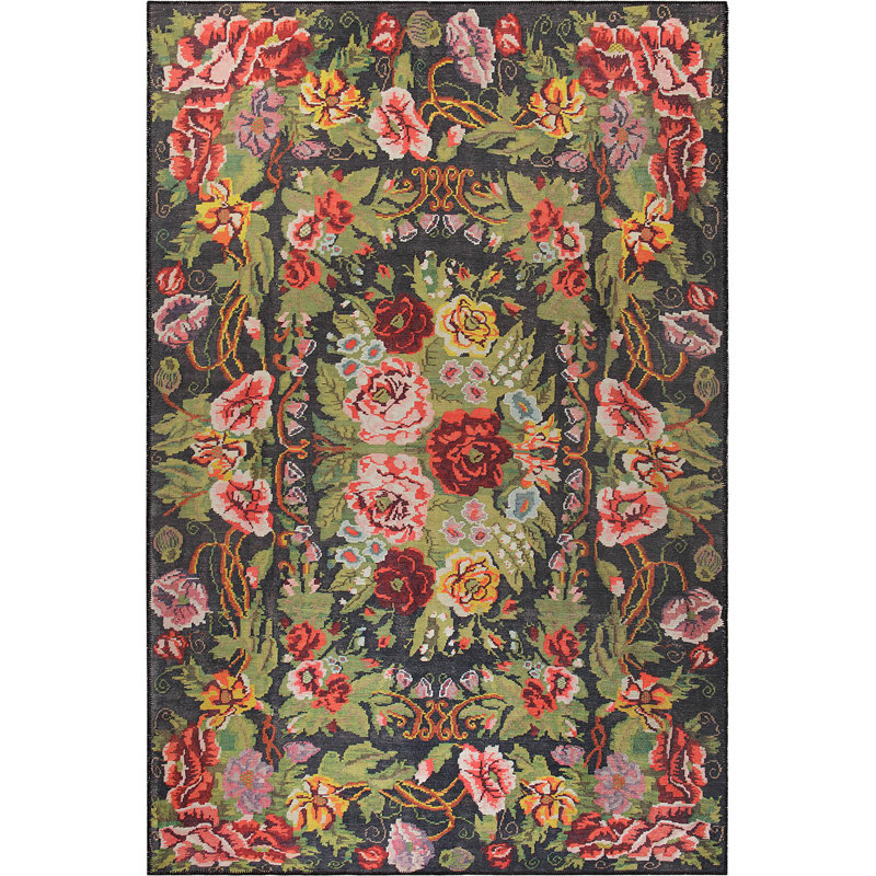 Ottilie Ethnic Karabakh Floral Patterned Woven Base Decorative Colourful Carpet, Rectangle 3'10" x 5'3"