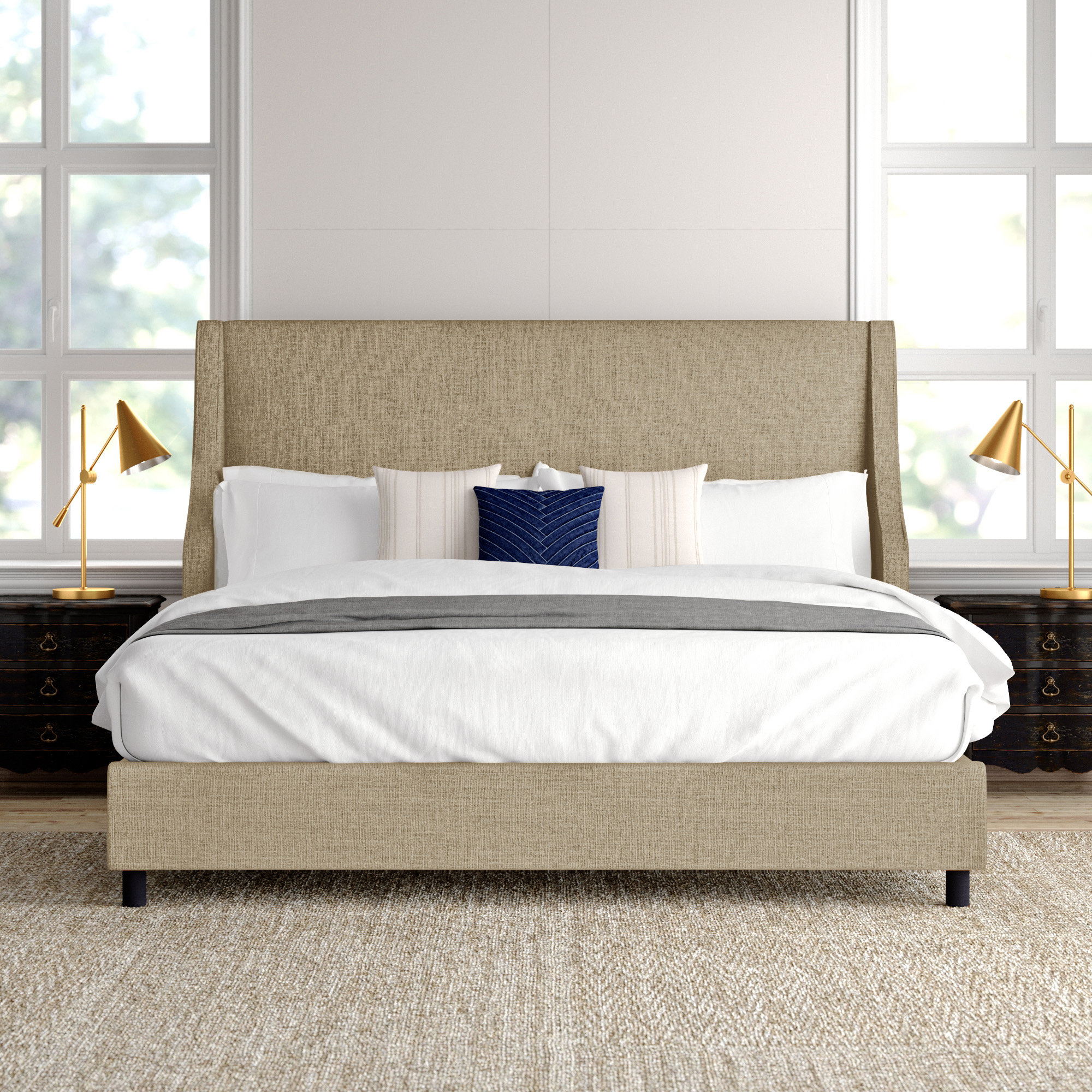 Bernadine Upholstered Wingback Bed, Zuma Natural Textured Linen, King