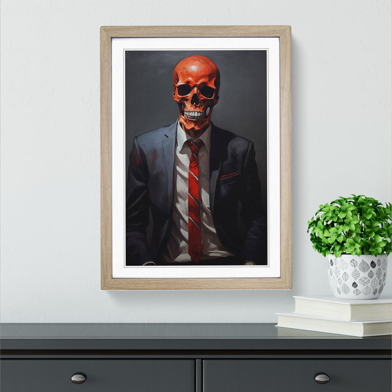 Skeleton In A Suit Painting No.3 - Single Picture Frame Print on Wood, Oak Framed, 34cm H x 25cm W x 2cm D