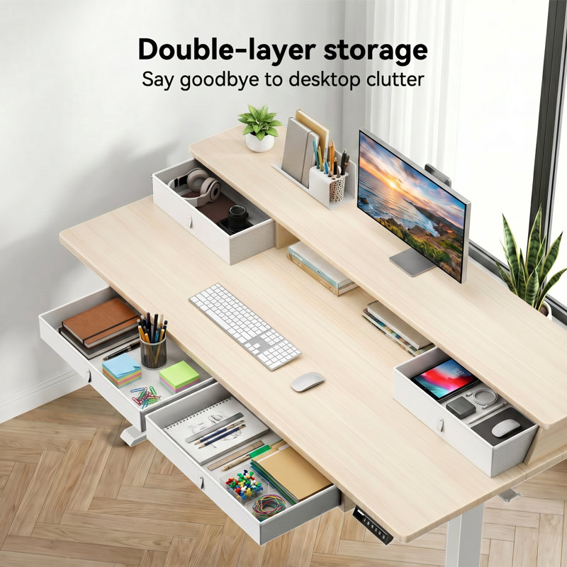 Jeneffer Computer Standing Desk with 4 Drawers for Home Office，Electric Height Adjustable Gaming Desk with Storage Shelf