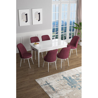 Ensemble de table et chaises de salle à manger moderne extensible (7 pièces), blanc et bourgogne | 100% panneau de fibres à densité moyenne avec pieds en métal | Dimensions de la table: 44,9 po x 28,7 po x 30,7 po (Ouvert: 56,7 po) | Chaises confortables avec coussins en mousse, parfaites pour les réunions de famille