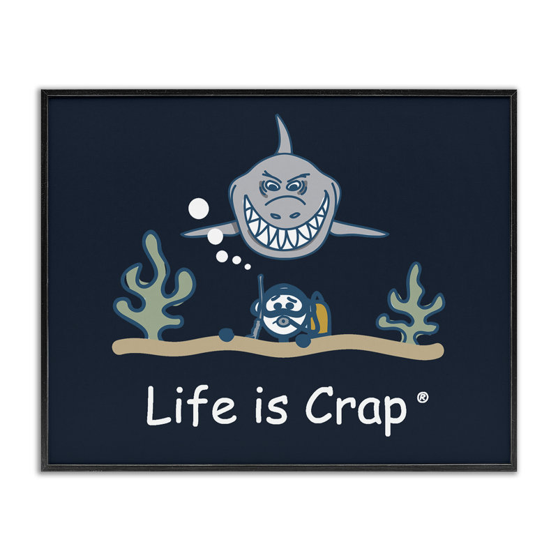 Scary Scuba Shark Giclee Art by LIC, Midnight Black Framed Giclee, 16" H x 20" W