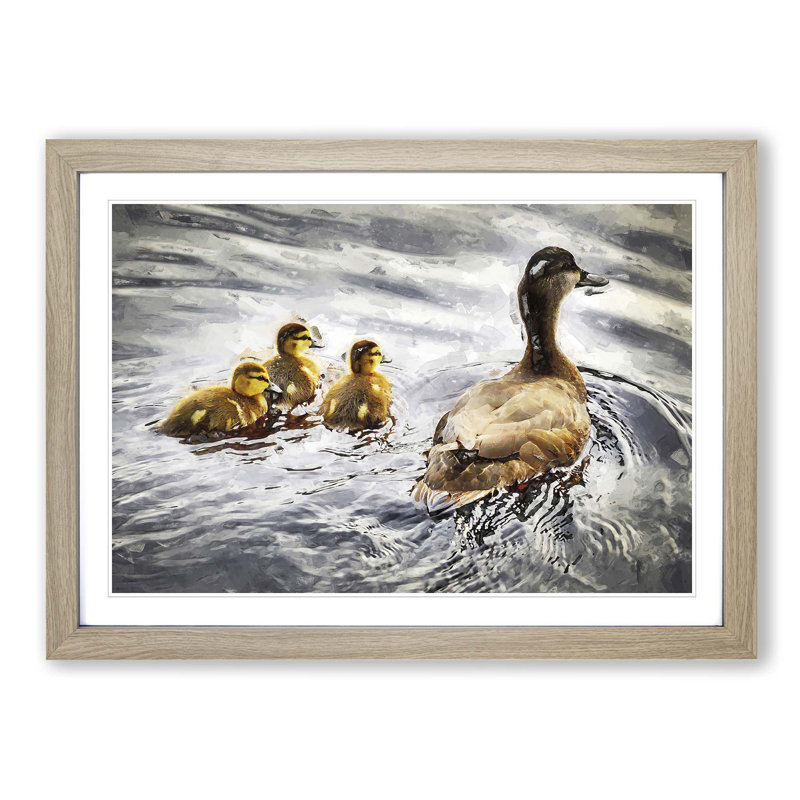 Ducklings with Mother Duck - Picture Frame Graphic Art Print on MDF, 62cm H x 87cm W x 2cm D, Oak Framed