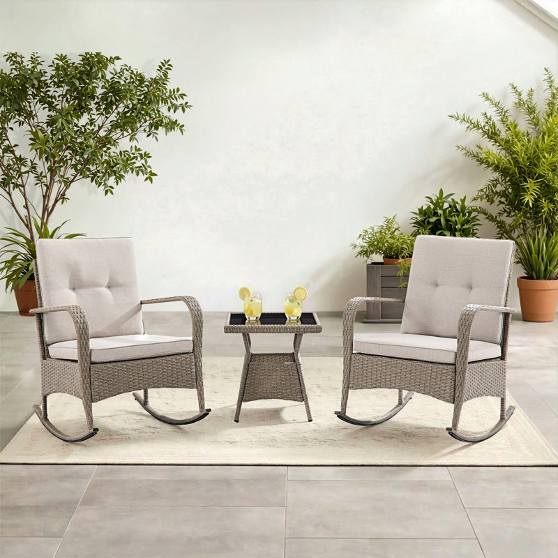 Baecher 2-Person Wicker Rocking Outdoor Seating Group with Glass-Top Side Table, Beige