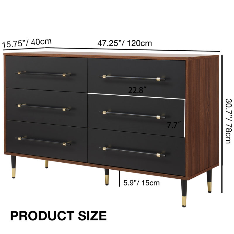 Commode 6 tiroirs Mid-Century moderne avec tiroirs noirs