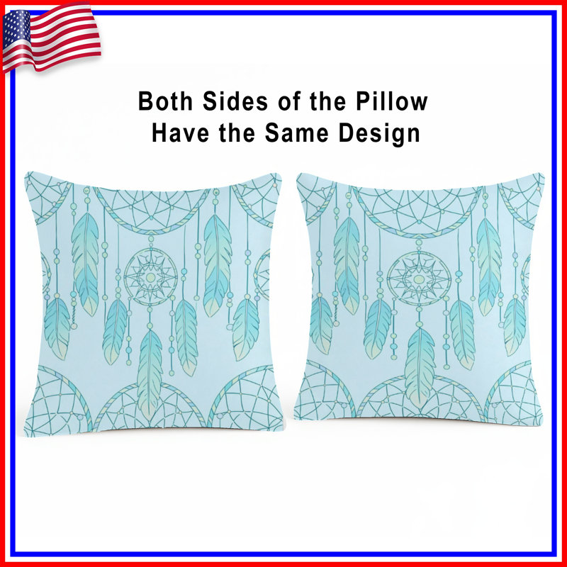 Coussin décoratif double face attrape-rêves à plumes, 16 x 16 pouces, Turquoise clair et menthe
