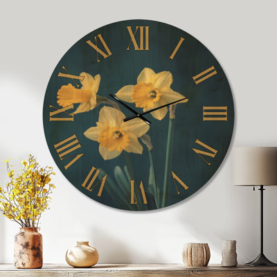 Très grande horloge botanique - contraste floral Moody, imprimé sur bois