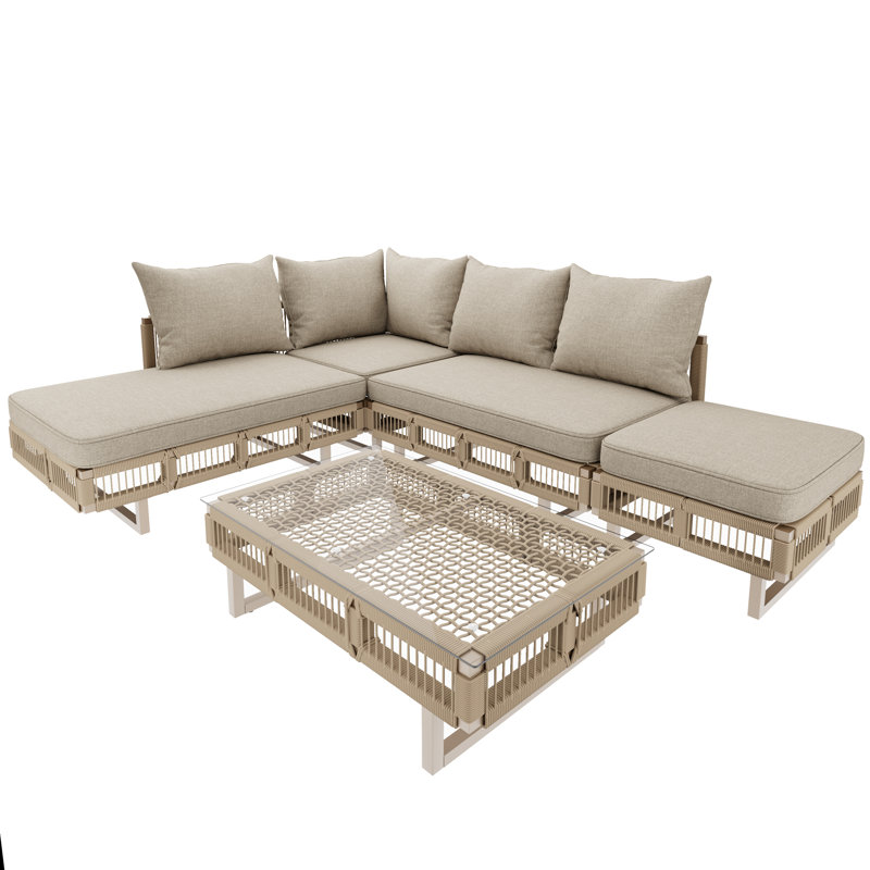 Modular Rope-woven Outdoor Sofa Set With 10 Cm Cushions & Glass Table