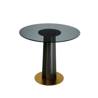 Round Table with Tempered Glass Top, Black Wooden Legs with Golden Metal Base
