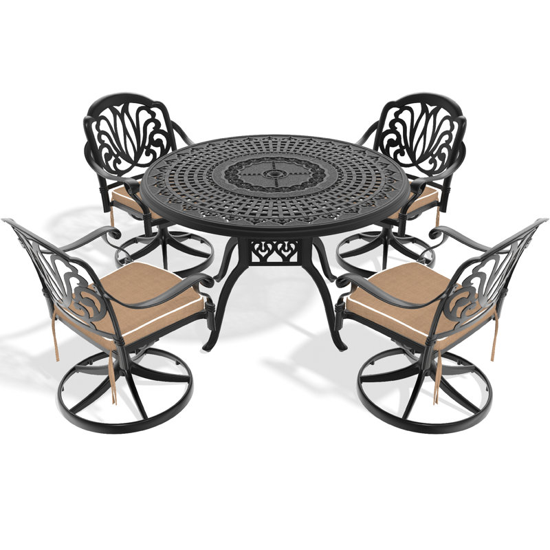 Table de salle à manger en aluminium coulé 5 saisons toutes saisons - 4 chaises pivotantes et une table ronde noire de 47,24 po.