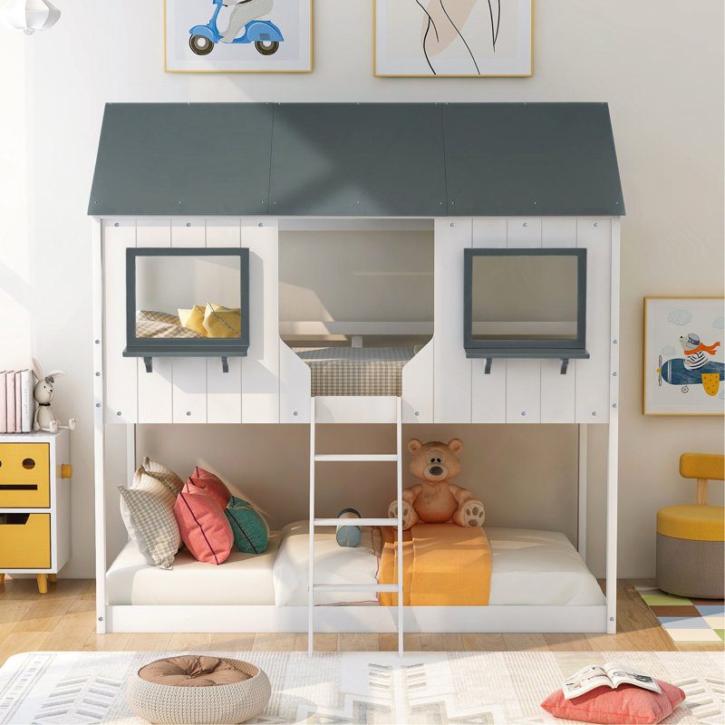 Lit superposé simple au-dessus d'un lit simple en bois avec toit, fenêtre, garde-corps et échelle, Blanc