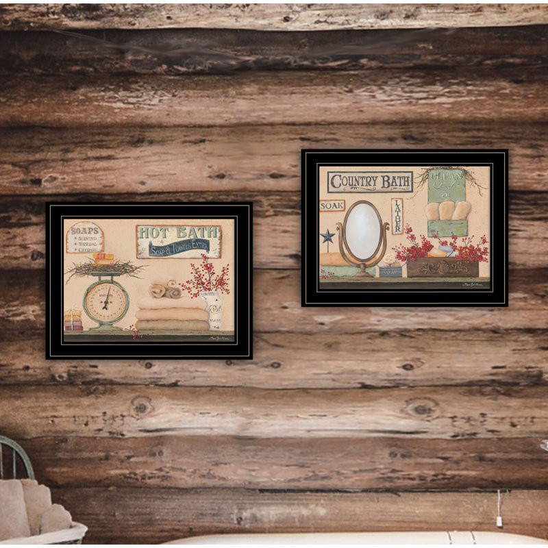 Ensemble de 2 reproductions d’art sur papier encadrée « Country Bath III » par Pam Britton, Cadre noir